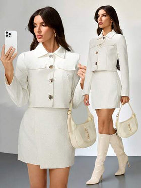 SHEIN Tall بدلة نسائية من قطعتين، جاكيت أكمام طويلة معدني أحادي الصدر وتنورة قصيرة أنيقة، طقم جاكيت بنسيج التويد، طقم جاكيت وتنورة لامعة بالترتر، بدلة بيج، طقم تنورة ملفوفة، تنورة مرصعة بالترتر، طقم صيفي مرصع بالترتر، طقم نسائي أنيق، بدلة دافئة أكمام طويل