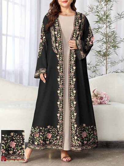 SHEIN Najma رمضان عباية عربية كاجوال طويلة الأكمام مطبوعة رقمياً بنقوش الزهور والنباتات للمرأة ذات الحجم الكبير، مناسبة للربيع والخريف