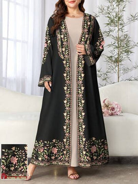 SHEIN Najma رمضان عباية عربية كاجوال طويلة الأكمام مطبوعة رقمياً بنقوش الزهور والنباتات للمرأة ذات الحجم الكبير، مناسبة للربيع والخريف