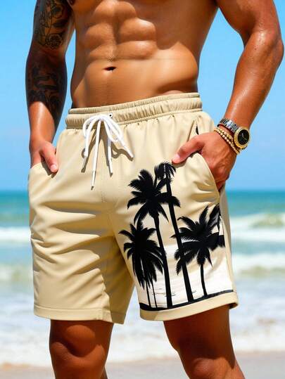Manfinity Swimmode شورت كاجوال للشاطئ والعطلات مطبوع عليه أشجار جوز الهند مع خصر مرن وجيوب