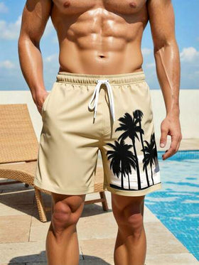 Manfinity Swimmode شورت كاجوال للشاطئ والعطلات مطبوع عليه أشجار جوز الهند مع خصر مرن وجيوب