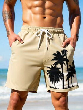 Manfinity Swimmode شورت كاجوال للشاطئ والعطلات مطبوع عليه أشجار جوز الهند مع خصر مرن وجيوب
