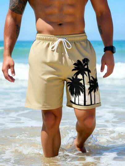 Manfinity Swimmode شورت كاجوال للشاطئ والعطلات مطبوع عليه أشجار جوز الهند مع خصر مرن وجيوب