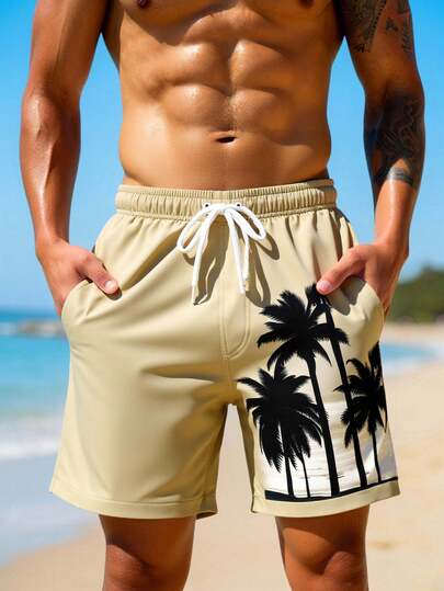 Manfinity Swimmode شورت كاجوال للشاطئ والعطلات مطبوع عليه أشجار جوز الهند مع خصر مرن وجيوب
