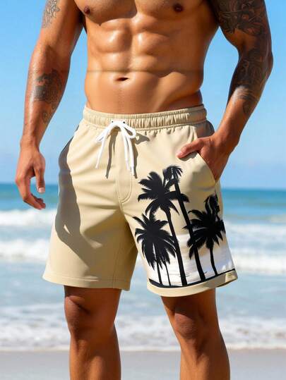 Manfinity Swimmode شورت كاجوال للشاطئ والعطلات مطبوع عليه أشجار جوز الهند مع خصر مرن وجيوب
