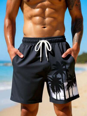 Manfinity Swimmode شورت كاجوال للشاطئ والعطلات مطبوع عليه أشجار جوز الهند مع خصر مرن وجيوب