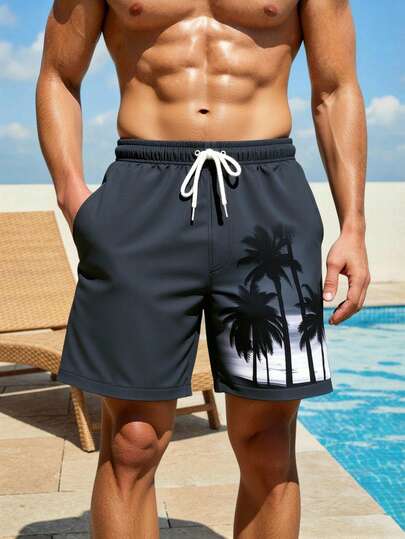 Manfinity Swimmode شورت كاجوال للشاطئ والعطلات مطبوع عليه أشجار جوز الهند مع خصر مرن وجيوب