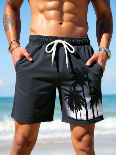 Manfinity Swimmode شورت كاجوال للشاطئ والعطلات مطبوع عليه أشجار جوز الهند مع خصر مرن وجيوب