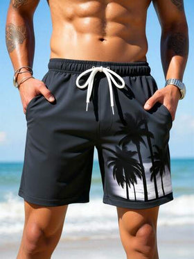 Manfinity Swimmode شورت كاجوال للشاطئ والعطلات مطبوع عليه أشجار جوز الهند مع خصر مرن وجيوب