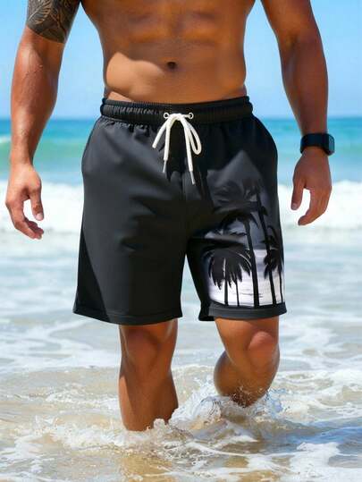 Manfinity Swimmode شورت كاجوال للشاطئ والعطلات مطبوع عليه أشجار جوز الهند مع خصر مرن وجيوب