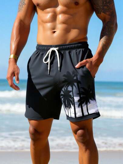 Manfinity Swimmode شورت كاجوال للشاطئ والعطلات مطبوع عليه أشجار جوز الهند مع خصر مرن وجيوب