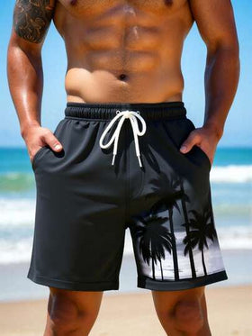 Manfinity Swimmode شورت كاجوال للشاطئ والعطلات مطبوع عليه أشجار جوز الهند مع خصر مرن وجيوب