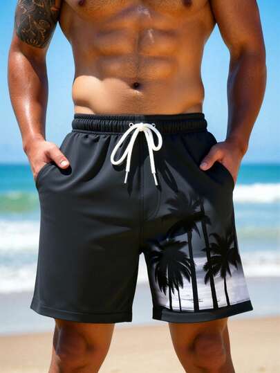 Manfinity Swimmode شورت كاجوال للشاطئ والعطلات مطبوع عليه أشجار جوز الهند مع خصر مرن وجيوب