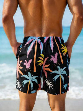 Manfinity Swimmode شورت كاجوال للرجال بطبعة نباتية وجيب مائل وخصر بسحاب للعطلات والشاطئ