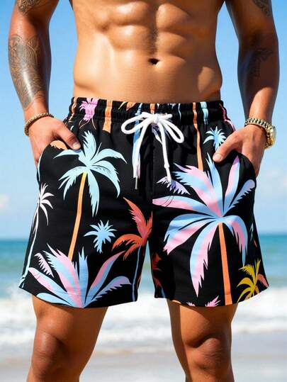 Manfinity Swimmode شورت كاجوال للرجال بطبعة نباتية وجيب مائل وخصر بسحاب للعطلات والشاطئ
