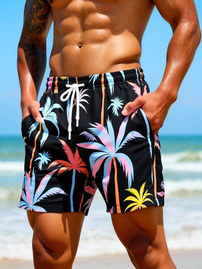 Manfinity Swimmode شورت كاجوال للرجال بطبعة نباتية وجيب مائل وخصر بسحاب للعطلات والشاطئ