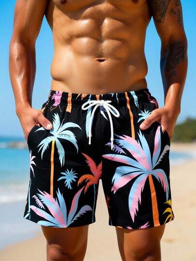 Manfinity Swimmode شورت كاجوال للرجال بطبعة نباتية وجيب مائل وخصر بسحاب للعطلات والشاطئ