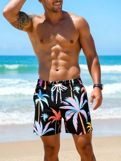Manfinity Swimmode شورت كاجوال للرجال بطبعة نباتية وجيب مائل وخصر بسحاب للعطلات والشاطئ