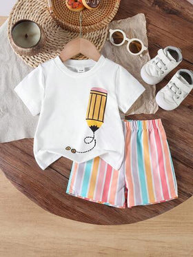 SHEIN Vintaside Kids مجموعة قميص كنزة بياض قصير الأكمام مطبوع بطباعة أقلام ملونة وشورت كاجوال مخطط مناسبة للأطفال من عمر 0-3 سنوات، مناسبة للارتداء اليومي الصيفي والاحتفالات