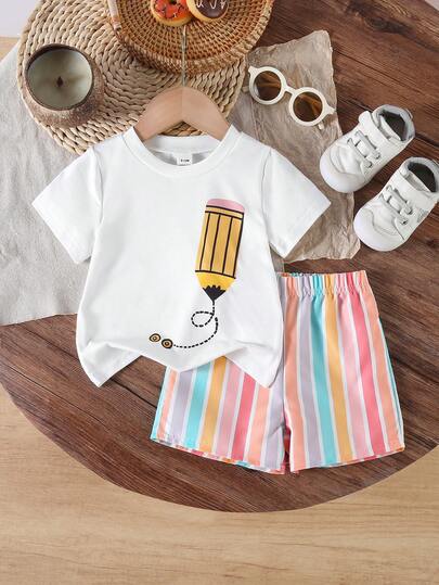 SHEIN Vintaside Kids مجموعة قميص كنزة بياض قصير الأكمام مطبوع بطباعة أقلام ملونة وشورت كاجوال مخطط مناسبة للأطفال من عمر 0-3 سنوات، مناسبة للارتداء اليومي الصيفي والاحتفالات