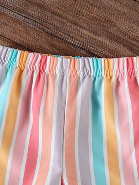 SHEIN Vintaside Kids مجموعة قميص كنزة بياض قصير الأكمام مطبوع بطباعة أقلام ملونة وشورت كاجوال مخطط مناسبة للأطفال من عمر 0-3 سنوات، مناسبة للارتداء اليومي الصيفي والاحتفالات