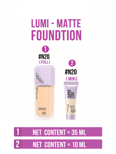 Maybelline أساس LUMI-MATTE #N20 بيج طبيعي 35مل/10مل، أخف 54% من الأساس العادي، صيغة خفيفة الوزن وطويلة الأمد، تكنولوجيا فيلم ثلاثي الأبعاد ثوري تنشئ تأثير شبكي خفيف الوزن (مقاوم للماء والعرق)، يمنح بريقًا لؤلؤيًا شفافًا وإشراقًا بلوني، يغذي البشرة بعد...