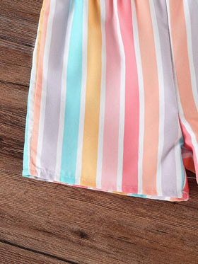 SHEIN Vintaside Kids مجموعة قميص كنزة بياض قصير الأكمام مطبوع بطباعة أقلام ملونة وشورت كاجوال مخطط مناسبة للأطفال من عمر 0-3 سنوات، مناسبة للارتداء اليومي الصيفي والاحتفالات