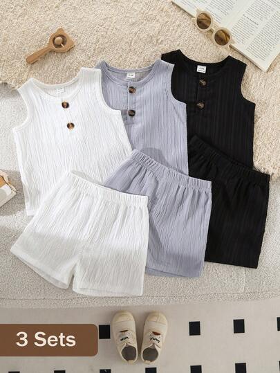 SHEIN Vintaside Kids 6 قطع طقم ملابس صيفي بسيط للأولاد الرضع، يشمل سترات علوية بدون أكمام ذات لون واحد مع شورتات مطابقة في ألوان البني، المشمش، الأزرق، قياس فضفاض مناسب للمناسبات اليومية والخارجية والحفلات