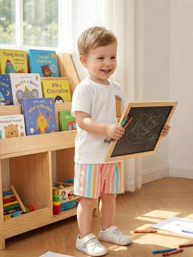 SHEIN Vintaside Kids مجموعة قميص كنزة بياض قصير الأكمام مطبوع بطباعة أقلام ملونة وشورت كاجوال مخطط مناسبة للأطفال من عمر 0-3 سنوات، مناسبة للارتداء اليومي الصيفي والاحتفالات
