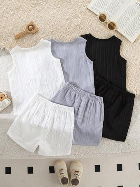 SHEIN Vintaside Kids 6 قطع طقم ملابس صيفي بسيط للأولاد الرضع، يشمل سترات علوية بدون أكمام ذات لون واحد مع شورتات مطابقة في ألوان البني، المشمش، الأزرق، قياس فضفاض مناسب للمناسبات اليومية والخارجية والحفلات
