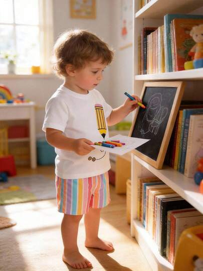 SHEIN Vintaside Kids مجموعة قميص كنزة بياض قصير الأكمام مطبوع بطباعة أقلام ملونة وشورت كاجوال مخطط مناسبة للأطفال من عمر 0-3 سنوات، مناسبة للارتداء اليومي الصيفي والاحتفالات