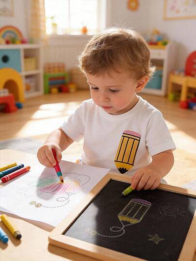 SHEIN Vintaside Kids مجموعة قميص كنزة بياض قصير الأكمام مطبوع بطباعة أقلام ملونة وشورت كاجوال مخطط مناسبة للأطفال من عمر 0-3 سنوات، مناسبة للارتداء اليومي الصيفي والاحتفالات