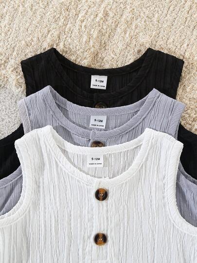 SHEIN Vintaside Kids 6 قطع طقم ملابس صيفي بسيط للأولاد الرضع، يشمل سترات علوية بدون أكمام ذات لون واحد مع شورتات مطابقة في ألوان البني، المشمش، الأزرق، قياس فضفاض مناسب للمناسبات اليومية والخارجية والحفلات