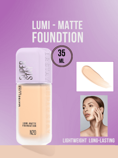Maybelline أساس LUMI-MATTE #N20 بيج طبيعي 35مل/10مل، أخف 54% من الأساس العادي، صيغة خفيفة الوزن وطويلة الأمد، تكنولوجيا فيلم ثلاثي الأبعاد ثوري تنشئ تأثير شبكي خفيف الوزن (مقاوم للماء والعرق)، يمنح بريقًا لؤلؤيًا شفافًا وإشراقًا بلوني، يغذي البشرة بعد...