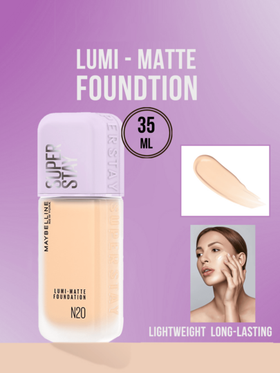 Maybelline أساس LUMI-MATTE #N20 بيج طبيعي 35مل/10مل، أخف 54% من الأساس العادي، صيغة خفيفة الوزن وطويلة الأمد، تكنولوجيا فيلم ثلاثي الأبعاد ثوري تنشئ تأثير شبكي خفيف الوزن (مقاوم للماء والعرق)، يمنح بريقًا لؤلؤيًا شفافًا وإشراقًا بلوني، يغذي البشرة بعد...