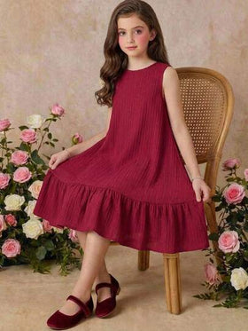 SHEIN فستان أنيق بياقة مستديرة وبدون أكمام مع حافة مكسرة للفتيات المراهقات