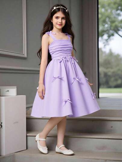 SHEIN Sparklyn فستان قميص أنيق للبنات بلون سادة منسوج ومطوي، مزين بفيونكة، مناسب للارتداء اليومي الكاجوال في الربيع والصيف
