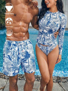 Manfinity Swimmode شورت شاطئ رجالي بخصر رباط مطبوع بطبعة استوائية، صيفي
