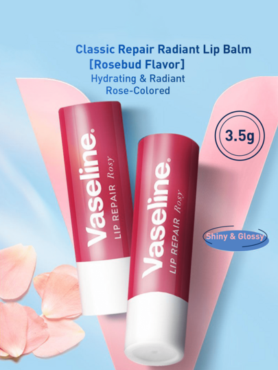 Vaseline 3.5 جرام بلسم شفاه مغذي ولامع (برائحة وردة) - مرطب ومنير للشفاه باللون الوردي، مع زيت وردة دمشقية وزيت بذور اللوتس الأبيض، يترك الشفاه ناعمة ولامعة، مثالي للشفاه الجافة