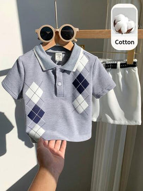SHEIN مجموعة قميص بولو أكمام قصيرة رمادي وشورت خصر مطاطي مع حزام مناسبة للأولاد الرضع في الصيف، مناسبة لحفلات عيد الميلاد والحفلات المسائية والأعراس وحفلات استقبال المولود الجديد وعيد الميلاد الأول
