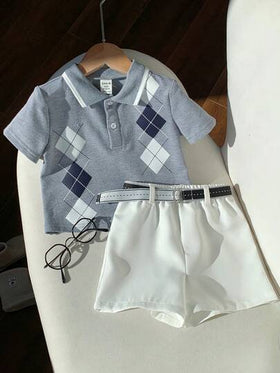 SHEIN مجموعة قميص بولو أكمام قصيرة رمادي وشورت خصر مطاطي مع حزام مناسبة للأولاد الرضع في الصيف، مناسبة لحفلات عيد الميلاد والحفلات المسائية والأعراس وحفلات استقبال المولود الجديد وعيد الميلاد الأول
