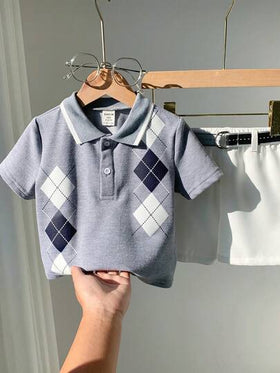 SHEIN مجموعة قميص بولو أكمام قصيرة رمادي وشورت خصر مطاطي مع حزام مناسبة للأولاد الرضع في الصيف، مناسبة لحفلات عيد الميلاد والحفلات المسائية والأعراس وحفلات استقبال المولود الجديد وعيد الميلاد الأول