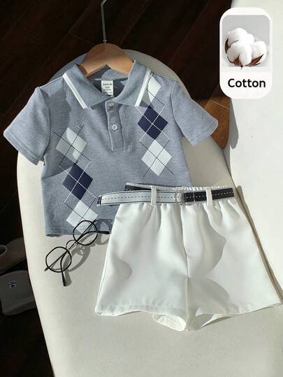 SHEIN مجموعة قميص بولو أكمام قصيرة رمادي وشورت خصر مطاطي مع حزام مناسبة للأولاد الرضع في الصيف، مناسبة لحفلات عيد الميلاد والحفلات المسائية والأعراس وحفلات استقبال المولود الجديد وعيد الميلاد الأول