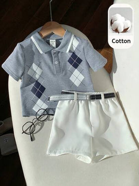 SHEIN مجموعة قميص بولو أكمام قصيرة رمادي وشورت خصر مطاطي مع حزام مناسبة للأولاد الرضع في الصيف، مناسبة لحفلات عيد الميلاد والحفلات المسائية والأعراس وحفلات استقبال المولود الجديد وعيد الميلاد الأول