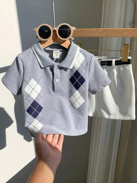 SHEIN مجموعة قميص بولو أكمام قصيرة رمادي وشورت خصر مطاطي مع حزام مناسبة للأولاد الرضع في الصيف، مناسبة لحفلات عيد الميلاد والحفلات المسائية والأعراس وحفلات استقبال المولود الجديد وعيد الميلاد الأول