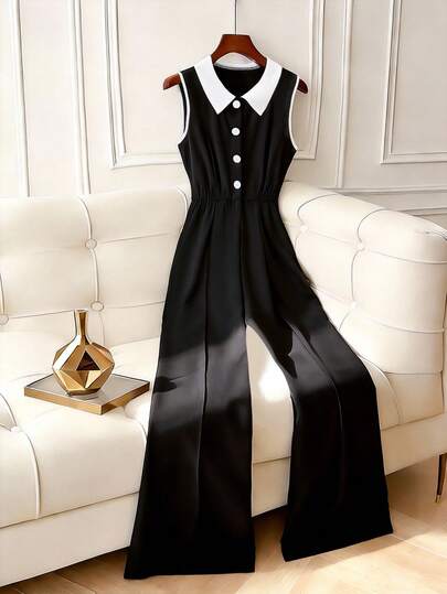SHEIN Franclia جمبسوت أنيقة بسيطة بدون أكمام وياقة، لون واحد متباين، بنطال طويل للتنقل