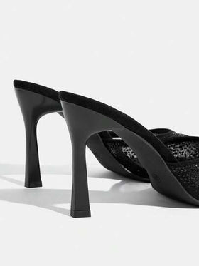 CUCCOO TILAWA أحذية نسائية ذات كعب عالي وأصبع مدبب، مزينة بالراين ستون وقماش شبكي، موضة مريحة للاستخدام اليومي والحفلات والمناسبات، صندل بدون ظهر وسهل الارتداء