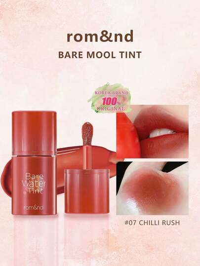Rom&nd رومند BARE MOOL TINT #07 CHILLI RUSH، أحمر شفاه لامع، لون حيوي، طويل الأمد، MLBB (شفتي ولكن أفضل)، ملمس خفيف، بلسم شفاه طويل الأمد، تغطية لونية عالية، لامع، نباتي، مكياج كوري، 4.5 جرام (0.16 أونصة)، هدية