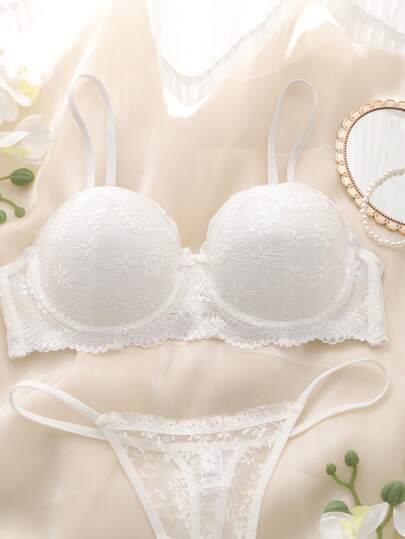 DelicateAllure مجموعة سوتيان وسروال داخلي من الدانتيل ذو حمالات للنساء بلون أحادي