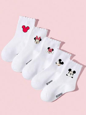 Disney 5 أزواج من جوارب الرياضة/الجوارب الدانتيل/جوارب المدرسة للأطفال/البنات، مزينة بنمط كرتوني لميكي/ميني/فأر، جوارب رياضية ناعمة وقابلة للتنفس وماصة للرطوبة، جوارب دانتيل متعددة الاستخدامات، مناسبة للعودة إلى المدرسة والحرم الجامعي والرياضة والفصل الدر